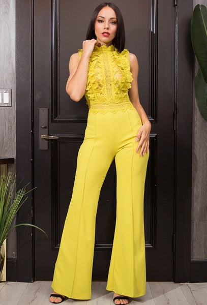 Our Best Mock Neck Polyester/Spandex Crochet Lace Combined Bodice Sleeveless Jumpsuit (Lime)