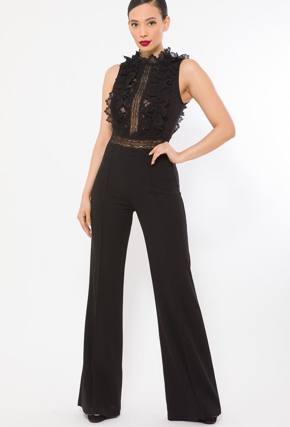 Our Best Mock Neck Polyester/Spandex Crochet Lace Combined Bodice Sleeveless Jumpsuit (Black)