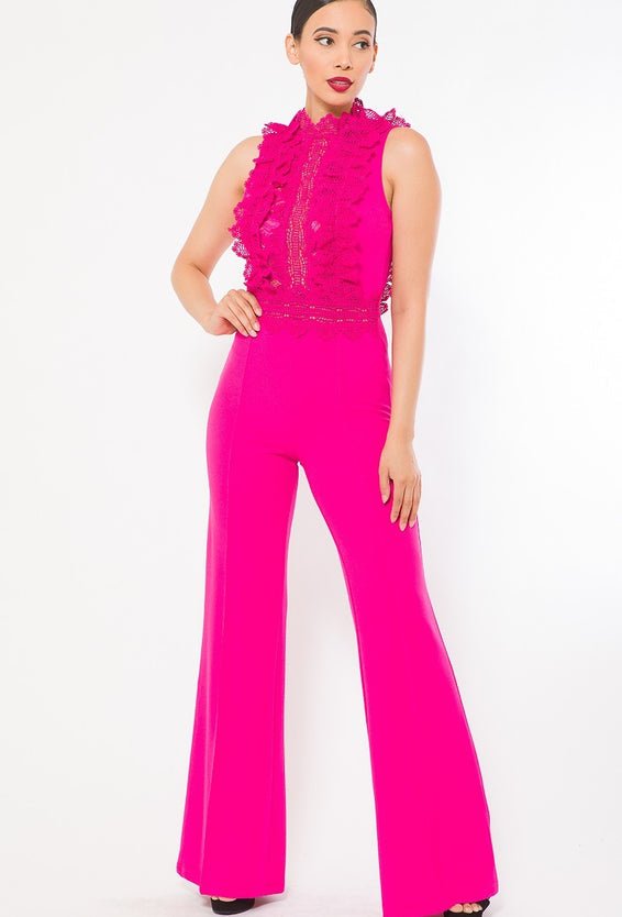 Our Best Mock Neck Polyester/Spandex Crochet Lace Combined Bodice Sleeveless Jumpsuit (Fuchsia)