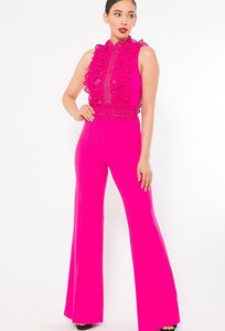 Our Best Mock Neck Polyester/Spandex Crochet Lace Combined Bodice Sleeveless Jumpsuit (Fuchsia)