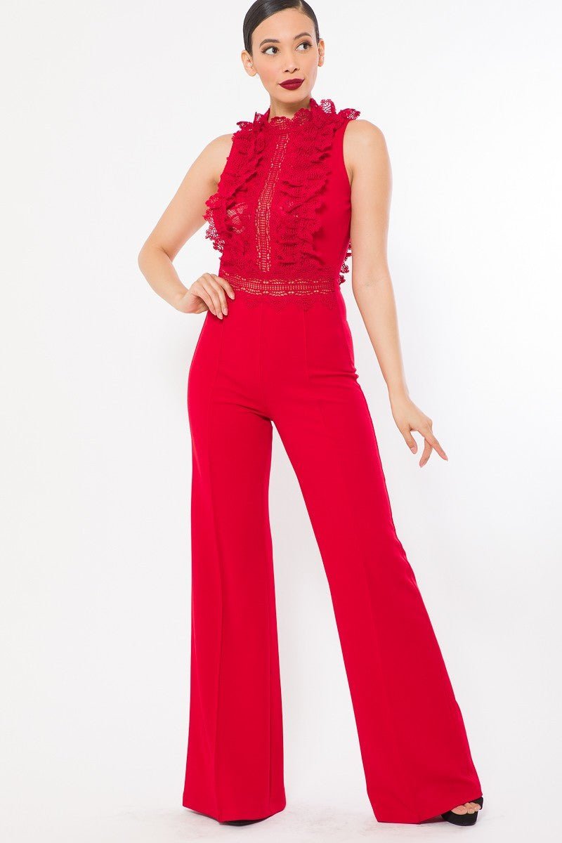 Stella LaBelle 95% Polyester 5% Spandex Sleeveless Mock Neck Crochet Lace Combined Bodice Flared Leg Jumpsuit (Red)