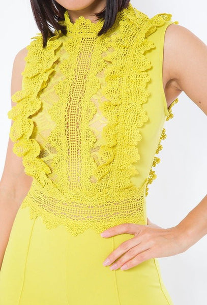 Our Best Mock Neck Polyester/Spandex Crochet Lace Combined Bodice Sleeveless Jumpsuit (Lime)