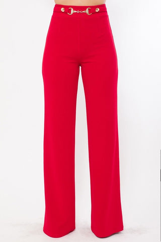 Our Best Polyester/Spandex Waist Button And Buckle Detailed Fashion Pants (Red)
