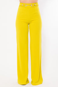 Our Best Polyester/Spandex Blend Waist Button And Buckle Detailed Fashion Pants (Lime)