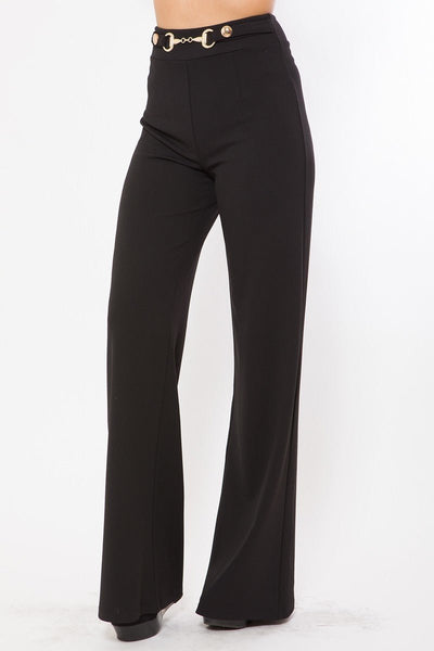 Our Best Polyester/Spandex Waist Button And Buckle Detailed Fashion Pants (Black)