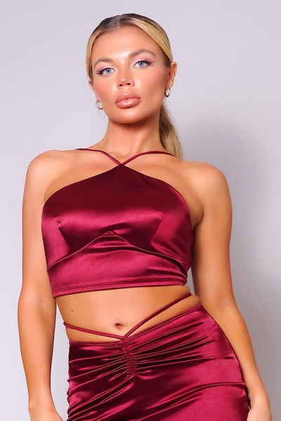 Our Best Sexy Halter Front Body Sculpting Crop Top 88% Polyester 12% Spandex (Burgundy)