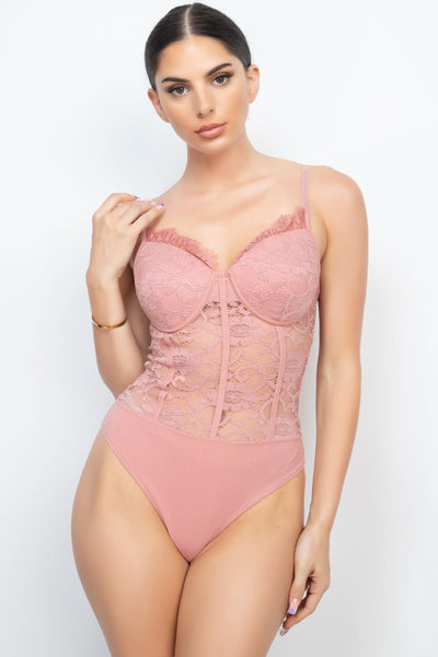 Our Best 95% Polyester 5% Spandex Semi-Sheer Sweetheart Neckline Lace Bodysuit (Mauve)