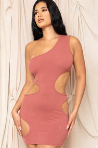 Swing Out Sister 93% Polyester 7% Spandex One Shoulder Cutout Waist Detail Bodycon Mini Dress (Dusty Rose)