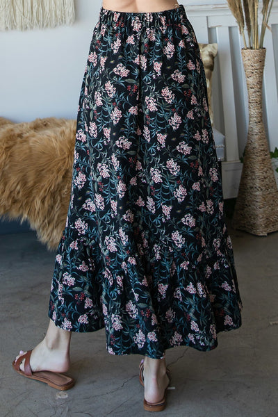 Our Best Beautiful & Vibrant 100% Rayon Made In U.S.A All Over Floral Print Elastic Waistline Maxi Skirt (Black)