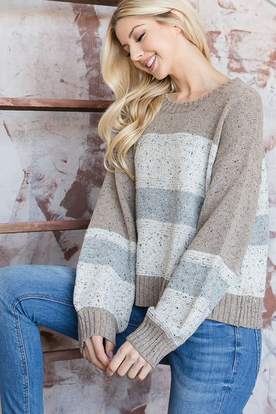 Our Best Polyester/Acrylic Blend Colorblock Knit Confetti Detail Long Sleeve Sweater (Taupe)