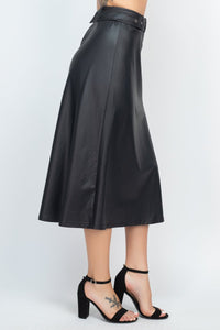 Our Best A-line Polyester Blend O-Ring Buckle Midi Length Leather Skirt (Black)