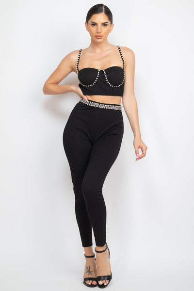 Rosetta Stone 95% Polyester 5% Spandex Stone Embellished Two Piece Tank Top And High Rise Skinny Pants Set (Black)