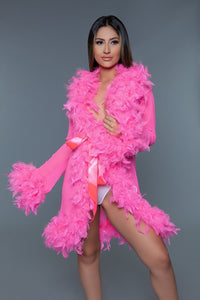 Our Best 100% Polyester Sheer Short Length Robe With Chandelle Boa Feather Trim (Hot Pink)