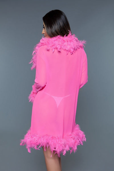 Our Best 100% Polyester Sheer Short Length Robe With Chandelle Boa Feather Trim (Hot Pink)