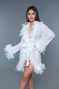Our Best 100% Polyester Sheer Short Length Robe With Chandelle Boa Feather Trim (White)