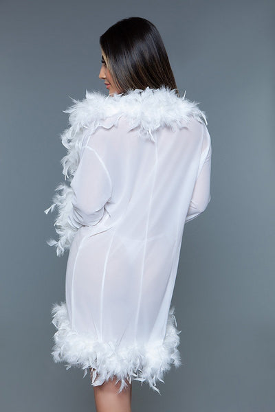 Our Best 100% Polyester Sheer Short Length Robe With Chandelle Boa Feather Trim (White)