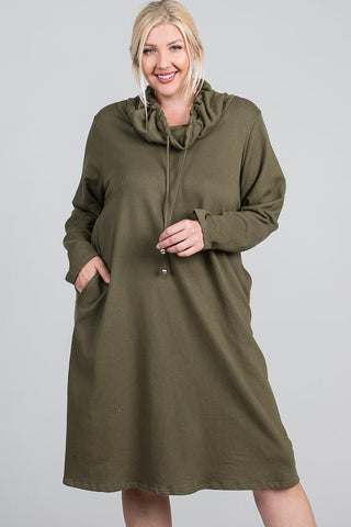 Plus Size Lovely Ladies 95% Cotton 5% Spandex Turtleneck Hidden Pocket Long Sleeve Maxi Dress (Olive)