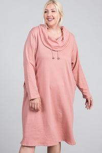 Plus Size Lovely Ladies 95% Cotton 5% Spandex Turtleneck Hidden Pocket Long Sleeve Maxi Dress (Pink)