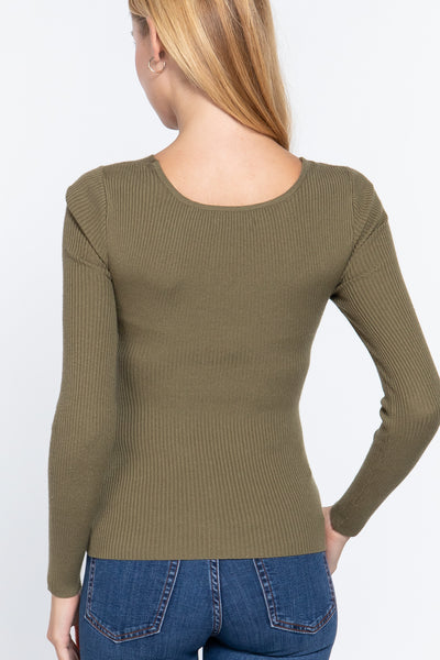 Long Slv V-neck Knotted Sweater