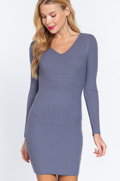 Our Best 80% Acrylic 20% Polyester Long Sleeve V-neck Pullover Sweater Ribbed Knit Mini Dress (Blue)