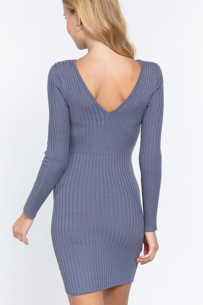 Our Best 80% Acrylic 20% Polyester Long Sleeve V-neck Pullover Sweater Ribbed Knit Mini Dress (Blue)