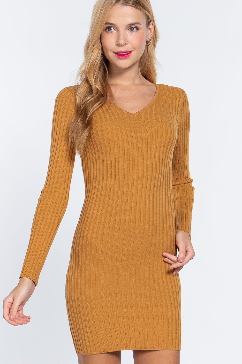 Our Best 80% Acrylic 20% Polyester Long Sleeve V-neck Pullover Sweater Ribbed Knit Mini Dress (Ochre)