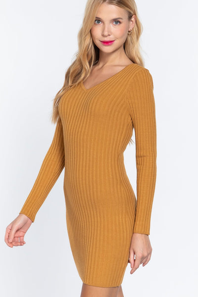 Our Best 80% Acrylic 20% Polyester Long Sleeve V-neck Pullover Sweater Ribbed Knit Mini Dress (Ochre)