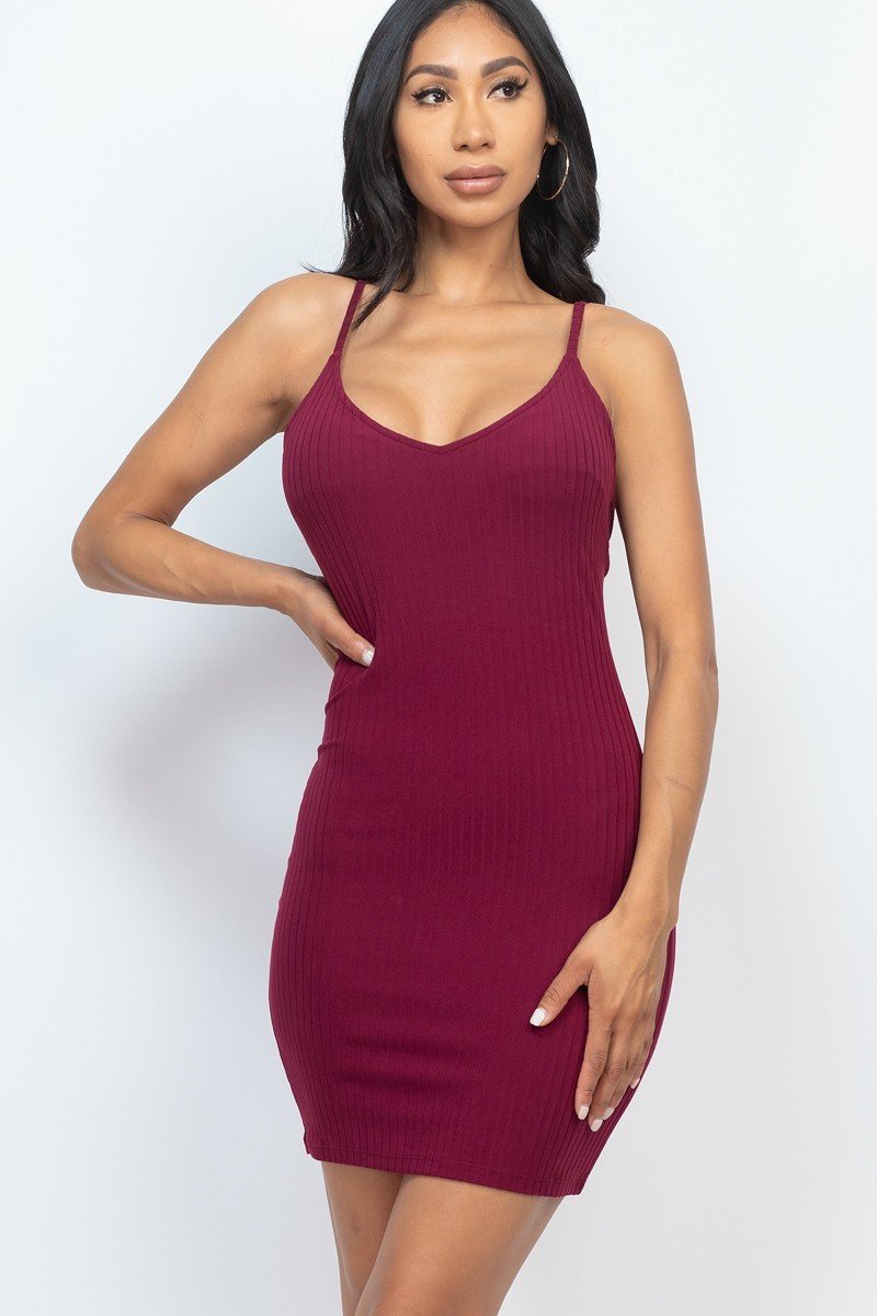 Cami Camille 92% Polyester 8% Spandex Scoop Neck Adjustable Cami Straps Heavy Ribbed Knit Bodycon Mini Dress (Burgundy)