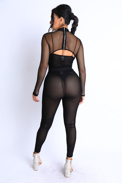 Sandra Stunning 97% Polyester 3% Spandex Cut Out Detail Mesh Connected Crop Top Jumpsuit (Black)
