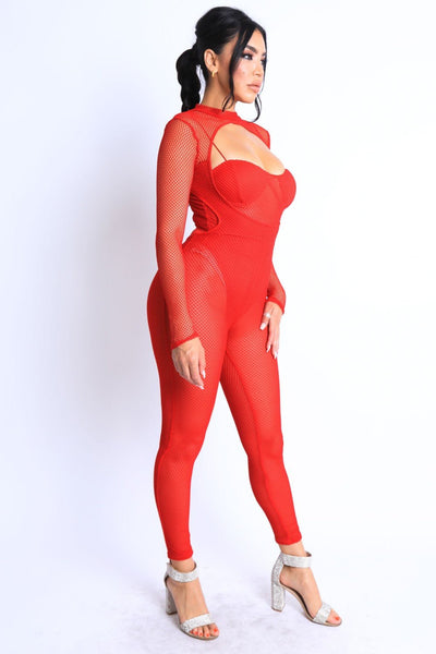 Diva Deanna Julianna Polyester Blend Cut Outs Detail Red Mesh Crop Jumpsuit Set (Red)