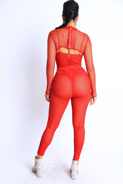 Sandra Stunning 97% Polyester 3% Spandex Cut Outs Detail Mesh Crop Jumpsuit (Red)