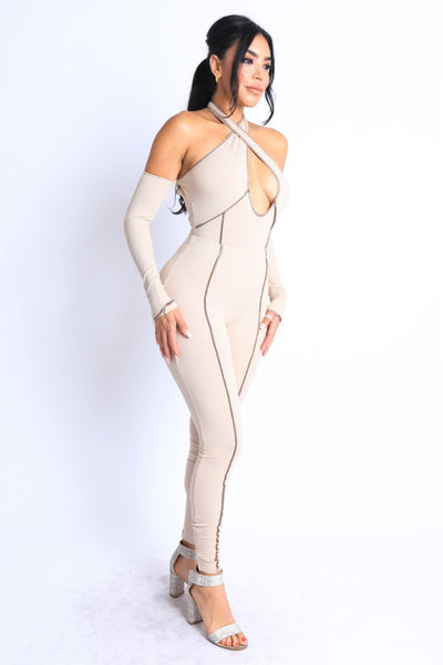 Selena Sexie 92% Rayon 8% Spandex Overlock Detailed Cross Halter Keyhole Neck Off Shoulder Two Piece Set (Taupe)