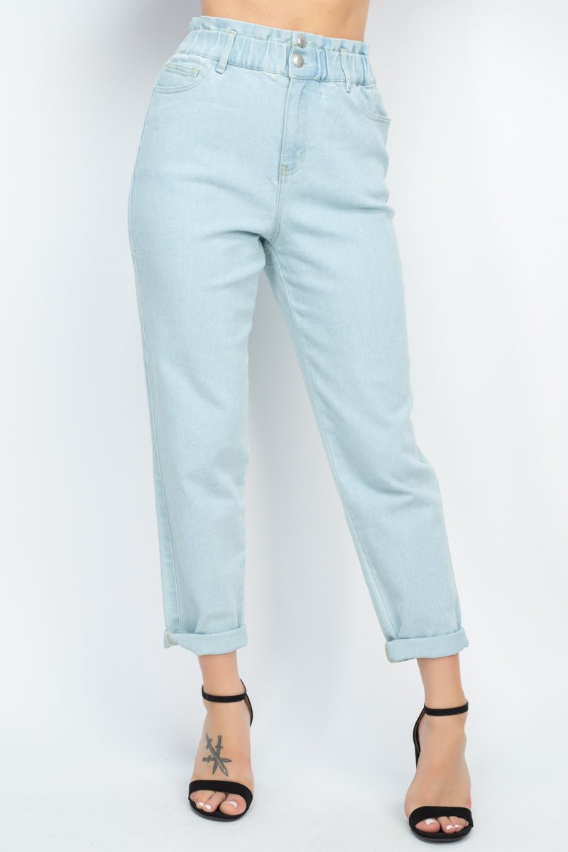 Our Best Cotton/Polyester/Rayon Blend Double Button High-waisted Cuffed Hem Jeans (Light Denim)