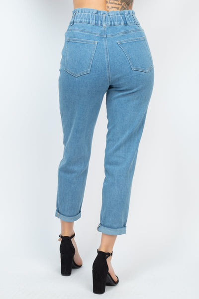 Our Best Cotton/Polyester/Rayon Blend Double Button High-waisted Cuffed Hem Jeans (Medium Denim)