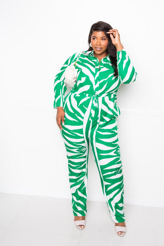 Plus Size Lovely Ladies 95% Polyester 5% Spandex Fashion Plus Button Up Long Sleeve Jumpsuit (Green/White)