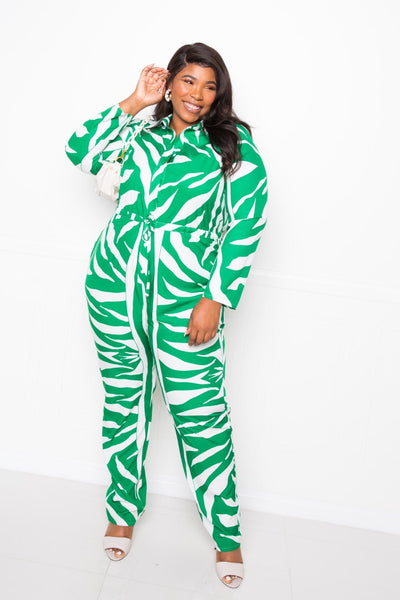 Plus Size Lovely Ladies 95% Polyester 5% Spandex Fashion Plus Button Up Long Sleeve Jumpsuit (Green/White)