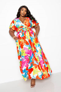 Plus Size Lovely Ladies 95% Polyester 5% Spandex Flower Maxi Skirt & Top Set (Multi Floral)