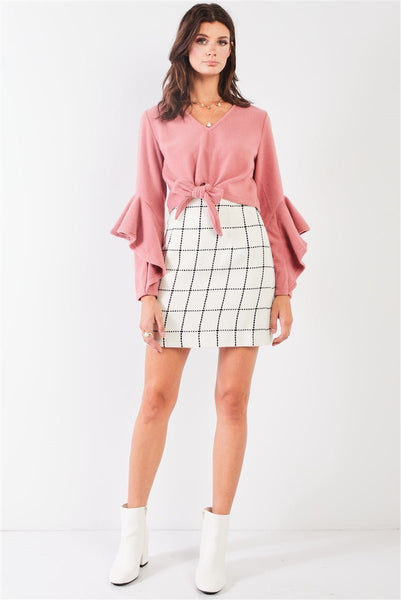 Solid Color Fuzzy Fabric Polyester Blend Long Ruffle Sleeve V-neckline Self-Tie Front Detail Cropped Top (Blush)