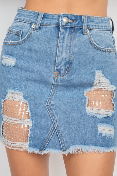 Darla Denim Diva 73% Cotton 25% Polyester 2% Spandex Distressed Jewel Detail Button Down Denim Mini Skirt (Light Denim)