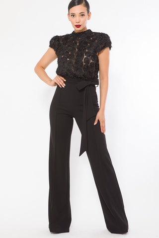 Fabianna Fabulous 95% Polyester 5% Spandex Flower Lace Top Detailed Short Sleeve Sash Belt Fashion Jumpsuit (Black)