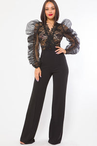 Miss Diva Deanna Polyester/Spandex Blend V-Neckline Lace Bodice Long Puffy Organza Sleeve Lace Detail Combined Fashion Jumpsuit (Black)
