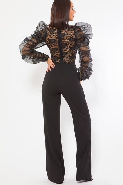 Miss Diva Deanna Polyester/Spandex Blend V-Neckline Lace Bodice Long Puffy Organza Sleeve Lace Detail Combined Fashion Jumpsuit (Black)