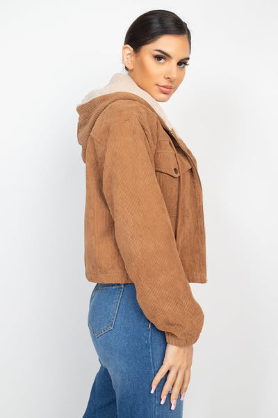 Our Best 96% Polyester 4% Spandex Ribbed Corduroy Faux Fur Lined Hoodie Jacket (Brown)