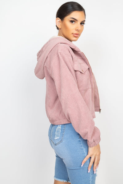 Our Best 96% Polyester 4% Spandex Ribbed Long Sleeve Faux Fur Lined Corduroy Hoodie Jacket (Blush)
