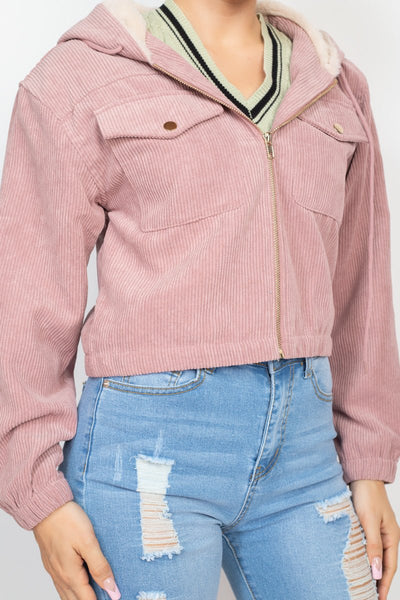 Our Best 96% Polyester 4% Spandex Ribbed Long Sleeve Faux Fur Lined Corduroy Hoodie Jacket (Blush)