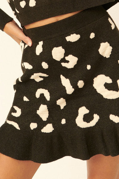 Samantha On Safari 50% Polyester 28% Nylon 22% Viscose Big Bold Leopard-Print Ruffled Hem Knit Mini Skirt-Pair With Samantha On Safari Leopard Print Top (Black)
