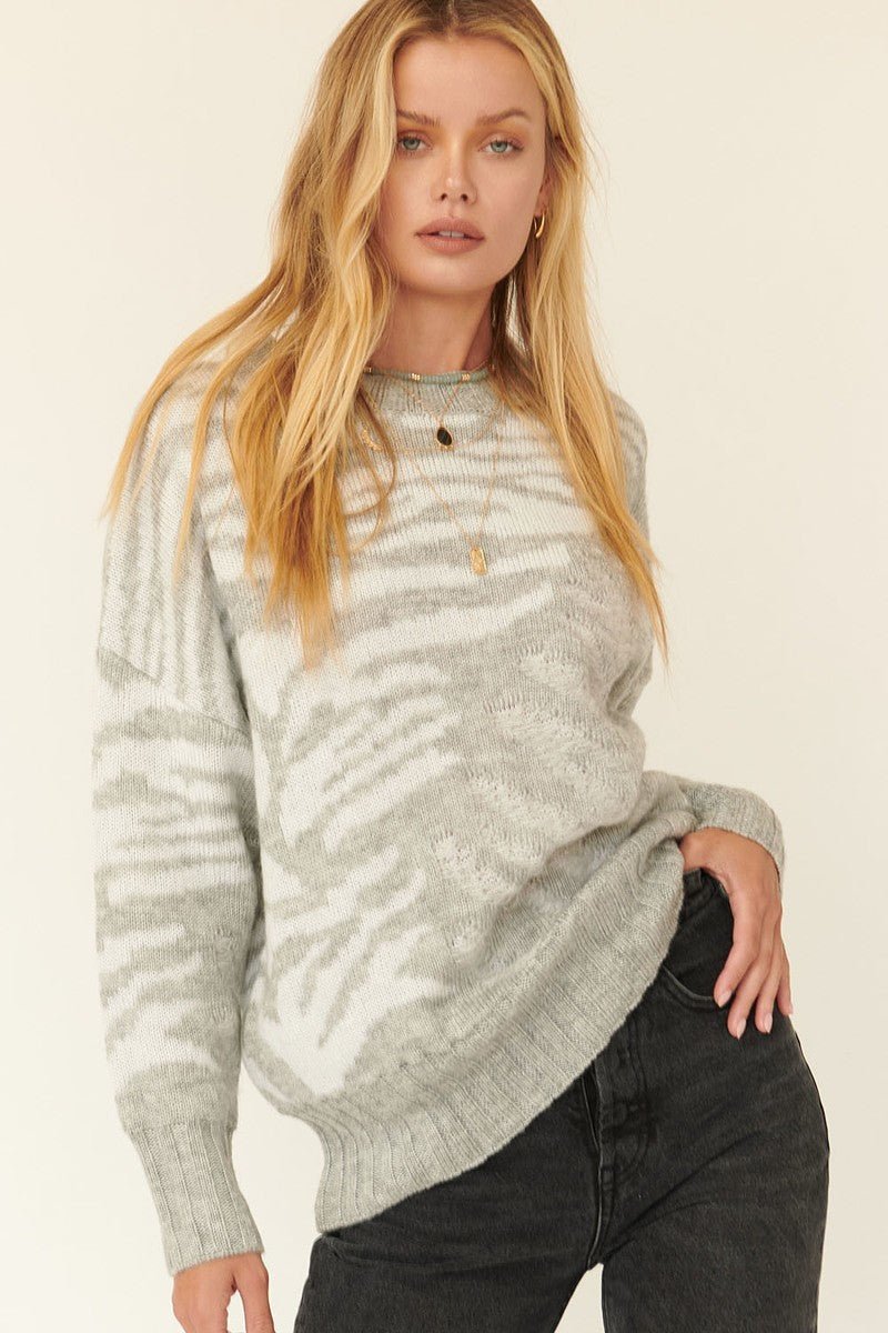 Samantha On Safari 100% Acrylic Zebra Print Crew Neckline Pullover Sweater (Heather Grey)
