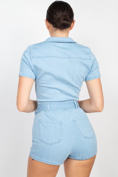 Darla Denim Diva Cotton/Polyester Blend Short Sleeve Pockets Detail Belted Zip-up Denim Romper (Light Denim)