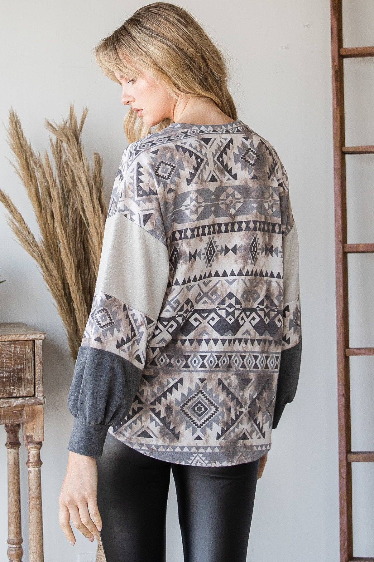 Our Best Rayon Blend Beautiful Aztec Print Long Ruffled Sleeve Self-Tie Knot Sweater (Charcoal)