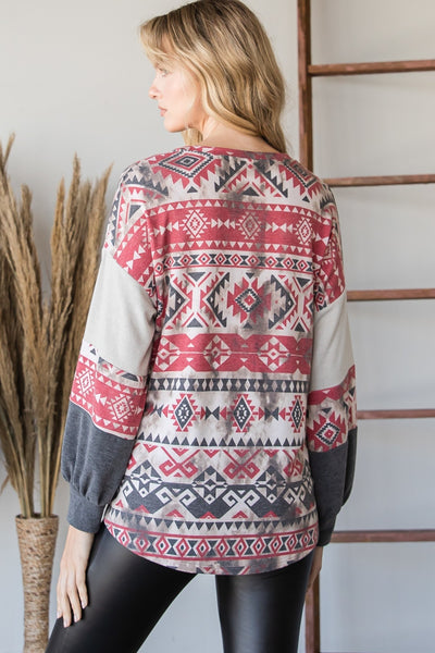 Our Best Rayon Blend Beautiful Aztec Print Long Ruffled Sleeve Self-Tie Knot Sweater (Red)